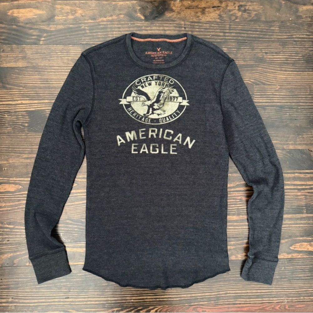 American Eagle Outfitters Men's Black Graphic Thermal Long-Sleeve Shirt